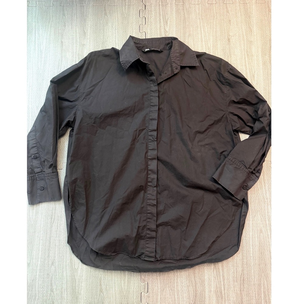 Zara Womens XS Black Poplin Oversized Button Down Shirt High Low Hem Cotton Top